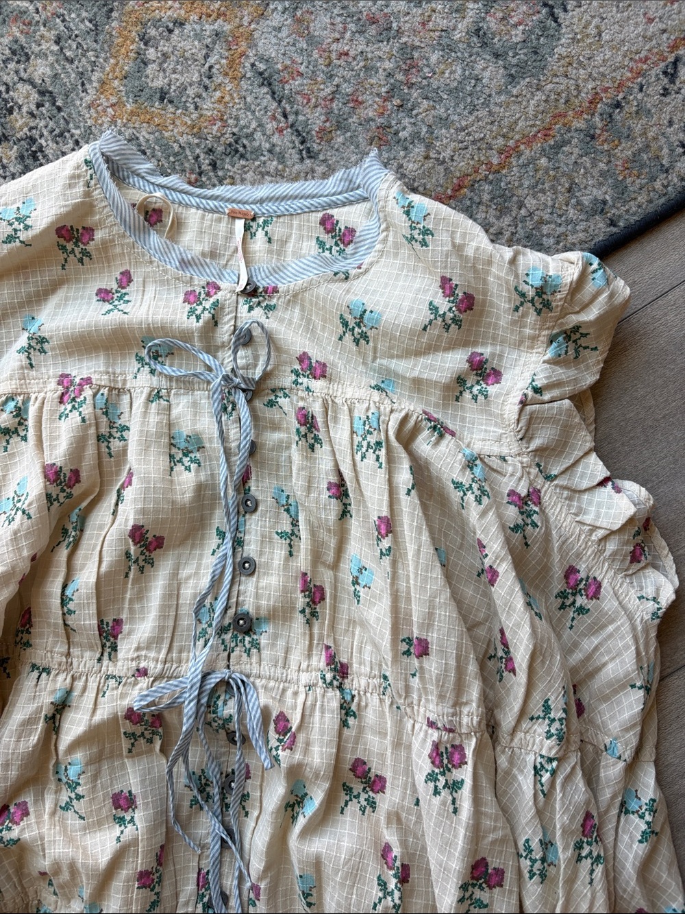 Free People Cream Dress with Pink & Teal Floral Print - Picture 5 of 6